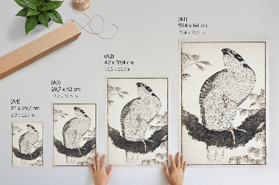 Plakatas svetainei Katsushikos Hokusai „Paukštis iš eskizų albumo“ (1814 m.), senovinis japoniškas medžio drožinys