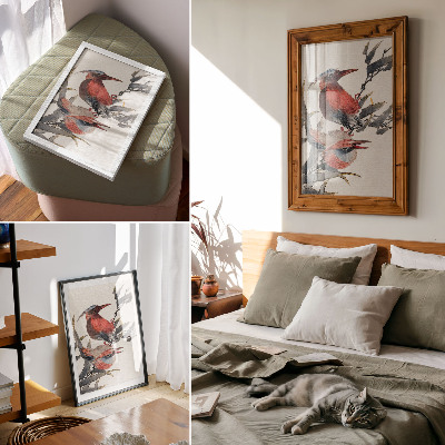 Plakatas Katsushikos Hokusai „Paukščiai iš eskizų albumo“ (1814 m.), senoviniai japoniški medžio drožiniai