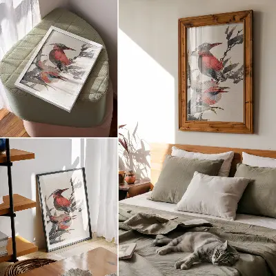 Plakatas Katsushikos Hokusai „Paukščiai iš eskizų albumo“ (1814 m.), senovinis japoniškas medžio raižinys