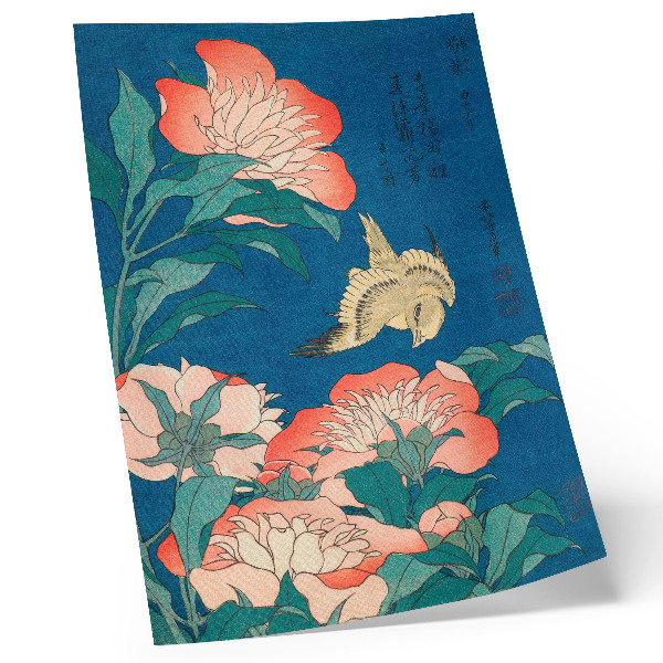 Dekoratyvinis plakatas Katsushiki Hokusai „Bijūnai ir kanarėlė“ (1834 m.) – senovinis medžio raižinys