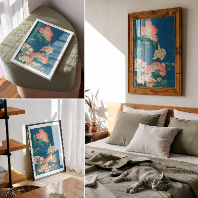 Dekoratyvinis plakatas Katsushiki Hokusai „Bijūnai ir kanarėlė“ (1834 m.) – senovinis medžio raižinys