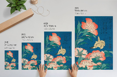 Dekoratyvinis plakatas Katsushiki Hokusai „Bijūnai ir kanarėlė“ (1834 m.) – senovinis medžio raižinys
