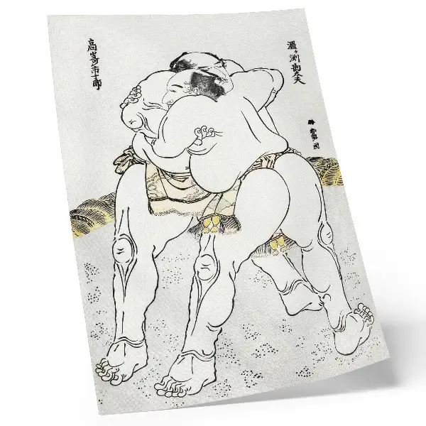 Sieninis plakatas Katsushiki Hokusai (1760–1849) sumo imtynininkai, senovinis japoniškas medžio raižinys