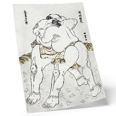 Sieninis plakatas Katsushiki Hokusai (1760–1849) sumo imtynininkai, senovinis japoniškas medžio raižinys