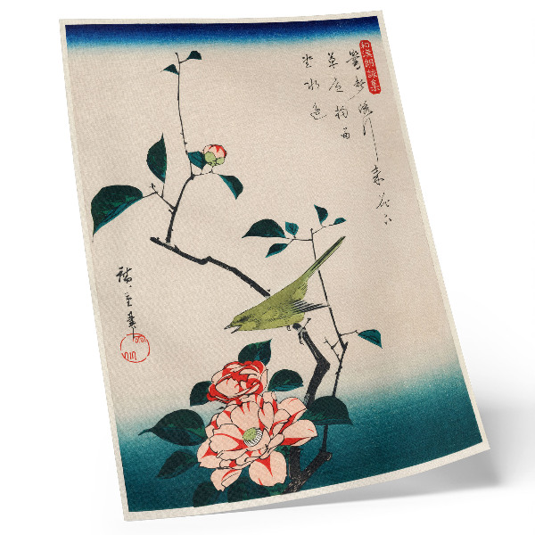 Plakatas svetainei Ukiyo-e kamelijos ir lakštingala iliustracija, kurią sukūrė Utagawa Hiroshige (1797-1858)