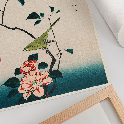 Plakatas svetainei Ukiyo-e kamelijos ir lakštingala iliustracija, kurią sukūrė Utagawa Hiroshige (1797-1858)