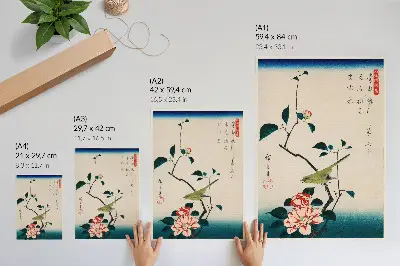 Plakatas svetainei su Utagawa Hiroshige iliustracija „Kamelijos ir lakštingala“