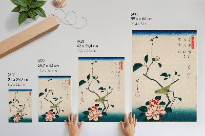 Plakatas svetainei Ukiyo-e kamelijos ir lakštingala iliustracija, kurią sukūrė Utagawa Hiroshige (1797-1858)