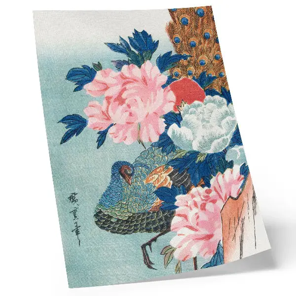 Plakatas svetainei povo ir bijūnų paveikslas iš Utagawa Hiroshige japoniško medžio raižinio