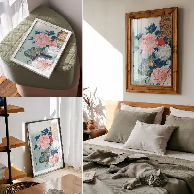 Plakatas svetainei povo ir bijūnų paveikslas iš Utagawa Hiroshige japoniško medžio raižinio
