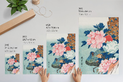 Plakatas svetainei Povas ir bijūnai, senovinis japoniškas medžio drožinys, kurį atspausdino Utagawa Hiroshige