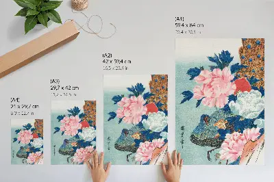 Plakatas svetainei povo ir bijūnų paveikslas iš Utagawa Hiroshige japoniško medžio raižinio