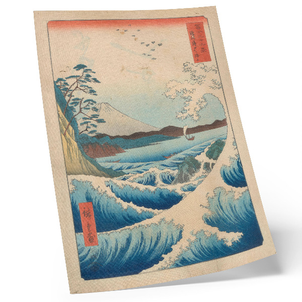 Dekoratyvinis plakatas Puiki banga Satta paplūdimyje Surugoje iš Utagawa Kuniyos serijos „Trisdešimt šeši Fudži vaizdai“ („Fuji Sanjuroku Kei“).