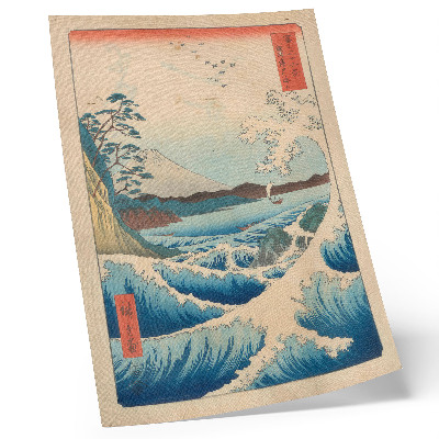 Dekoratyvinis plakatas Puiki banga Satta paplūdimyje Surugoje iš Utagawa Kuniyos serijos „Trisdešimt šeši Fudži vaizdai“ („Fuji Sanjuroku Kei“).