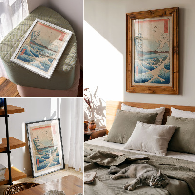 Dekoratyvinis plakatas Puiki banga Satta paplūdimyje Surugoje iš Utagawa Kuniyos serijos „Trisdešimt šeši Fudži vaizdai“ („Fuji Sanjuroku Kei“).