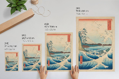 Dekoratyvinis plakatas Puiki banga Satta paplūdimyje Surugoje iš Utagawa Kuniyos serijos „Trisdešimt šeši Fudži vaizdai“ („Fuji Sanjuroku Kei“).