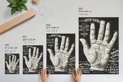 Sieninis plakatas atvira ranka su delnų skaitymo simboliais