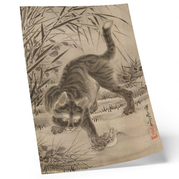 Sieninis plakatas Kawanabe Kyosai „Katė gaudo varlę“