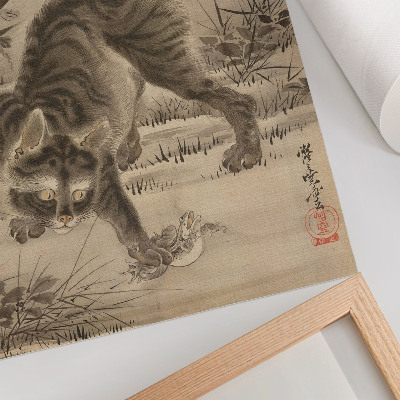 Sieninis plakatas Kawanabe Kyosai „Katė gaudo varlę“