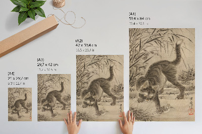 Sieninis plakatas Kawanabe Kyosai „Katė gaudo varlę“