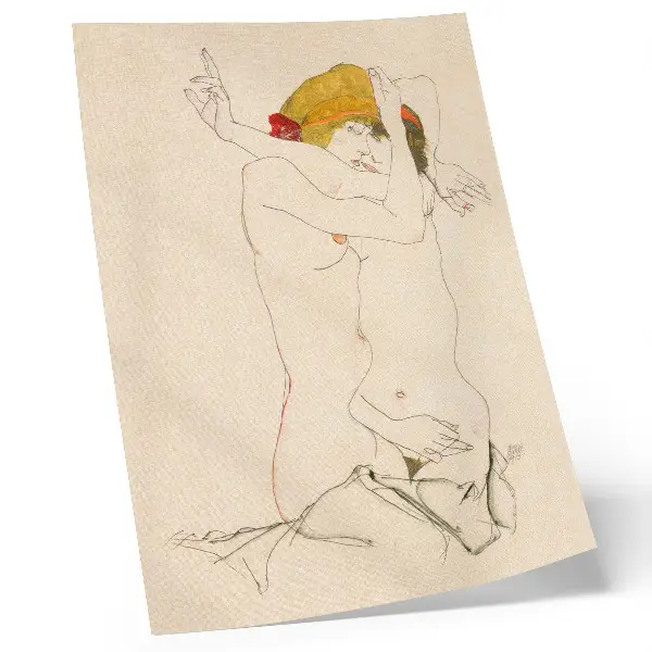 Dekoratyvinis plakatas Egono Schiele „Dvi apsikabinusios moterys“ (1913 m.) iš MET kolekcijos