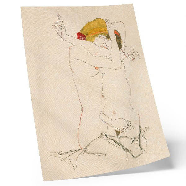 Dekoratyvinis plakatas Egono Schiele „Dvi apsikabinusios moterys“ (1913 m.) – moteriškas linijinis piešinys iš MET kolekcijos