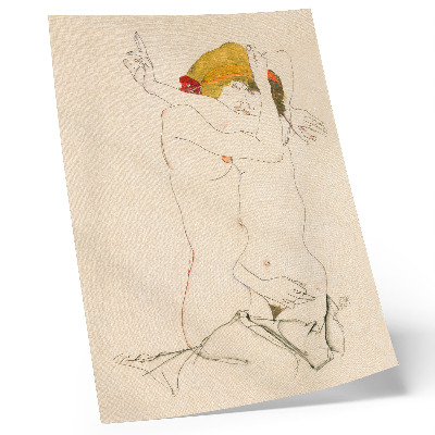 Dekoratyvinis plakatas Egono Schiele „Dvi apsikabinusios moterys“ (1913 m.) – moteriškas linijinis piešinys iš MET kolekcijos