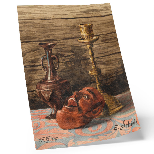 Plakatas svetainei Egono Schiele „Natiurmortas su žvakide, vaza ir kauke“