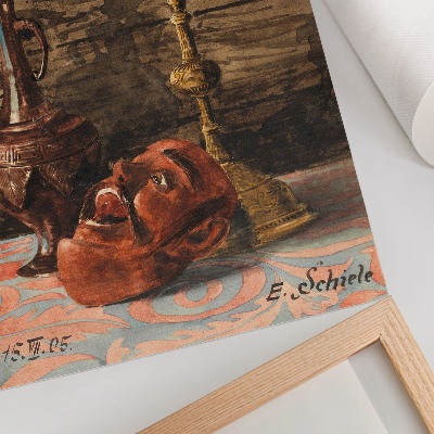Plakatas svetainei Egono Schiele „Natiurmortas su žvakide, vaza ir kauke“