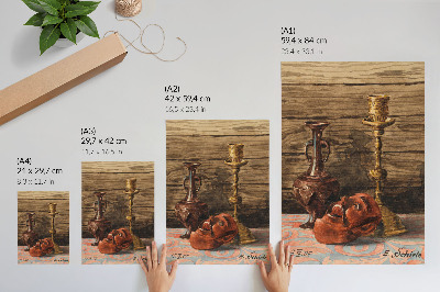 Plakatas svetainei Egono Schiele „Natiurmortas su žvakide, vaza ir kauke“