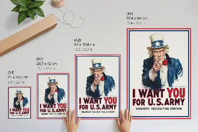 Plakatas su Jameso Montgomery Flaggo atvaizdu su ieškomais Amerikos kareiviais