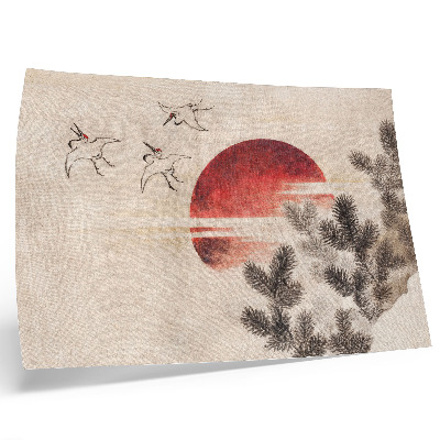 Plakatas ant drobės Katsushikos Hokusai „Paukščiai ir saulėlydis“ iš eskizų albumo (1814 m.), senovinis japoniškas medžio drožinys