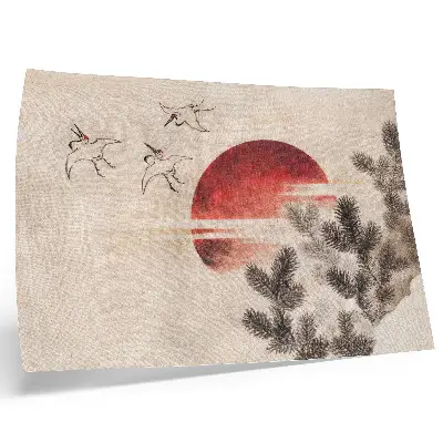 Katsushikos Hokusai „Paukščiai ir saulėlydis“ senovinio japoniško medžio drožinio reprodukcija ant drobės