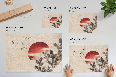Plakatas ant drobės Katsushikos Hokusai „Paukščiai ir saulėlydis“ iš eskizų albumo (1814 m.), senovinis japoniškas medžio drožinys