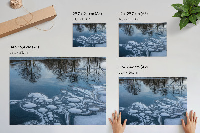 Plakatas ant drobės Ledas ežere, medžių atspindžiai, mėlyni tonai