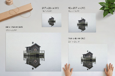 Plakatas Medinis namelis prie vandens, simetrija, minimalizmas