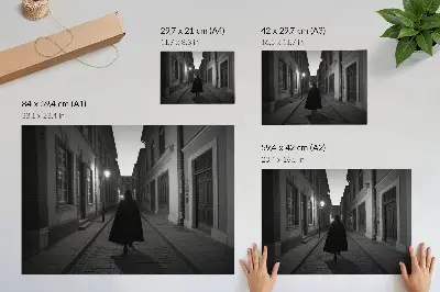 Plakatas ant drobės tamsi gatvė su paslaptinga figūra ir nostalgiška atmosfera