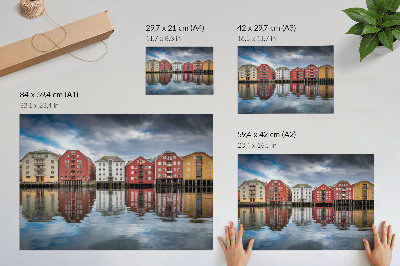Plakatas Spalvingi pastatai prie vandens – harmoninga kompozicija