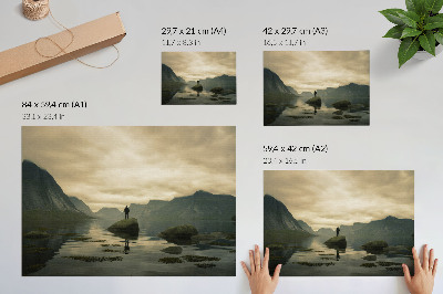 Plakatas Kalnai, ežeras, žmogus, taiki gamtos harmonija