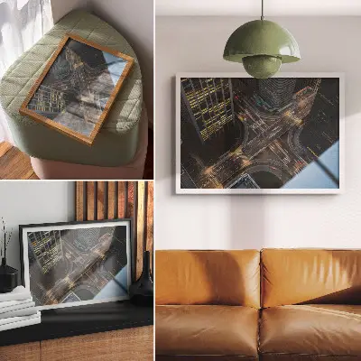 Plakatas miesto panorama iš viršaus, naktinės šviesos ir modernumas
