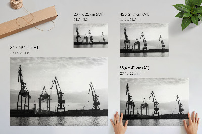 Plakatas ant drobės Uosto kranų minimalistinis dizainas juodai baltas