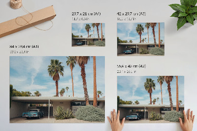 Plakatas Egzotiškos palmės modernistinis namas klasikinis automobilis