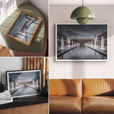 Spauda ant drobės fontanai ir architektūra su moderniu apšvietimu