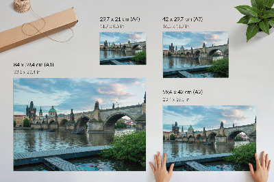 Spauda ant drobės Tiltas per upę, istorinė architektūra, ramybė