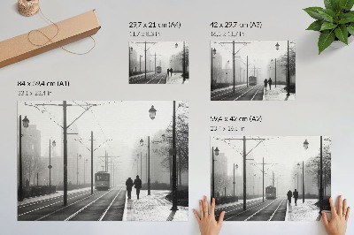 Plakatas ant drobės Tramvajaus rūko gatvių žibintai miesto atmosferoje