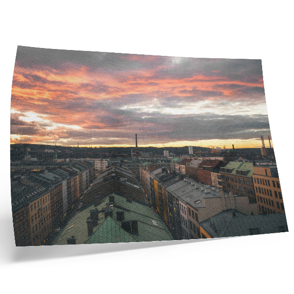 Spauda ant drobės Saulėlydžio virš miesto panoramos spalvos