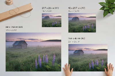 Plakatas ant drobės Medinis namelis vaizdingas rūkas gėlės gamta