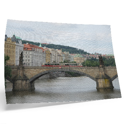 Plakatas Tiltas per upę su tramvajumi, apsuptas klasikinės architektūros
