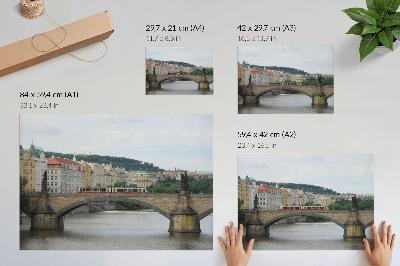 Plakatas Tiltas per upę su tramvajumi, apsuptas klasikinės architektūros