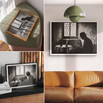 Plakatas juodai balta atmosfera su vyru ir knyga, klasikinė elegancija